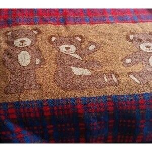 VTG San Marcos Blanket 56x86 Teddy Bear Animal Plaid Brown Red Blue Cottagecore